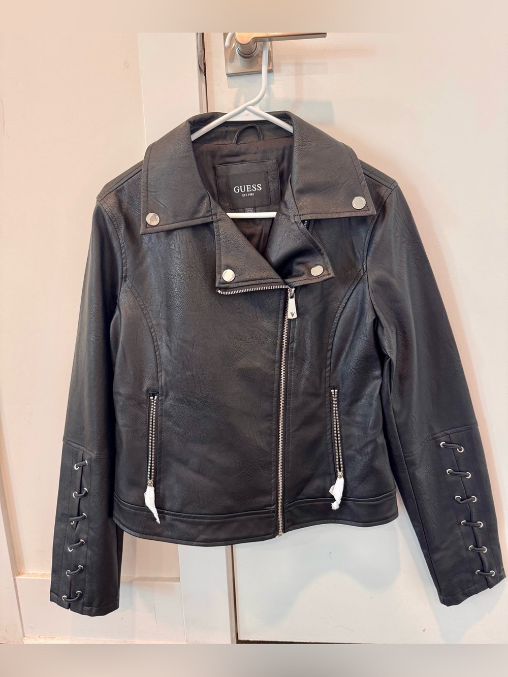 GUESS Black Faux Leather Moto Jacket with Lace-Up Sleeves